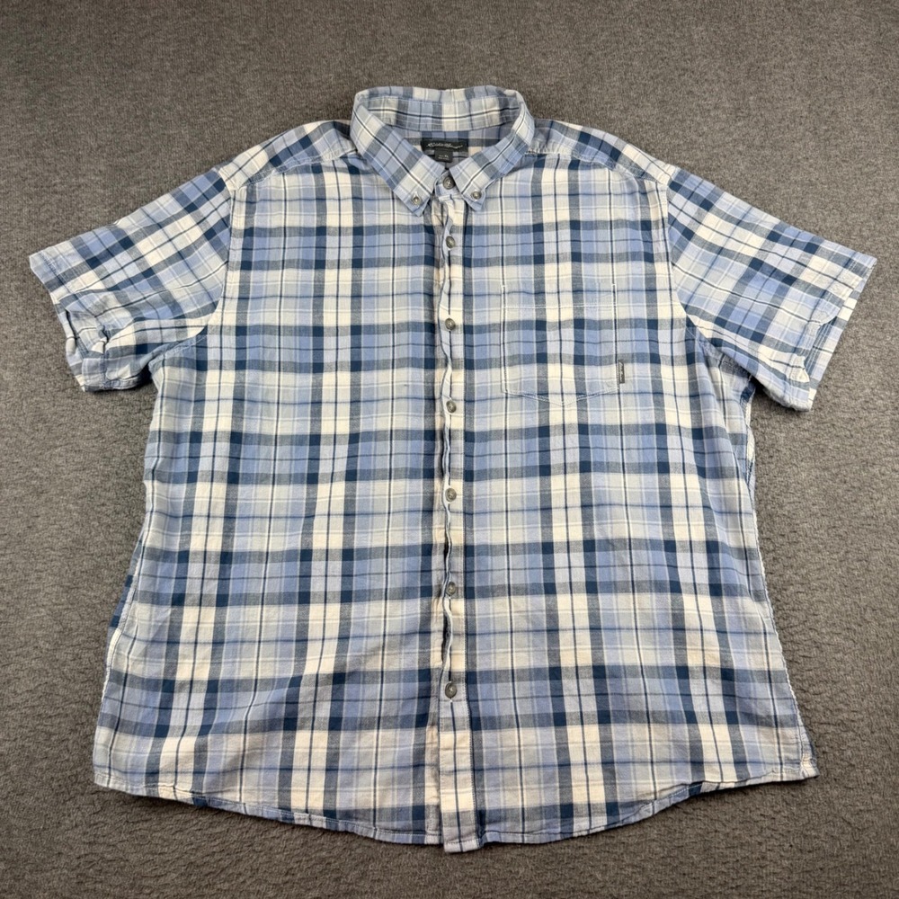Eddie Bauer Button Down Shirt Men's XL Blue Plaid Short Sleeve Cotton Casual